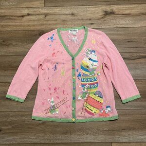 Jack B Quick Easter Bunny Cardigan Sweater SZ Medium Pink Rabbits Painting Eggs